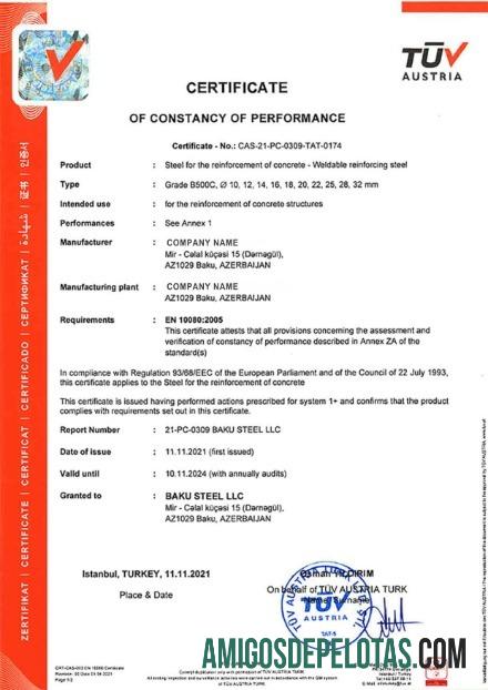 Exemplo de Certificado de Constância de Desempenho da Áustria